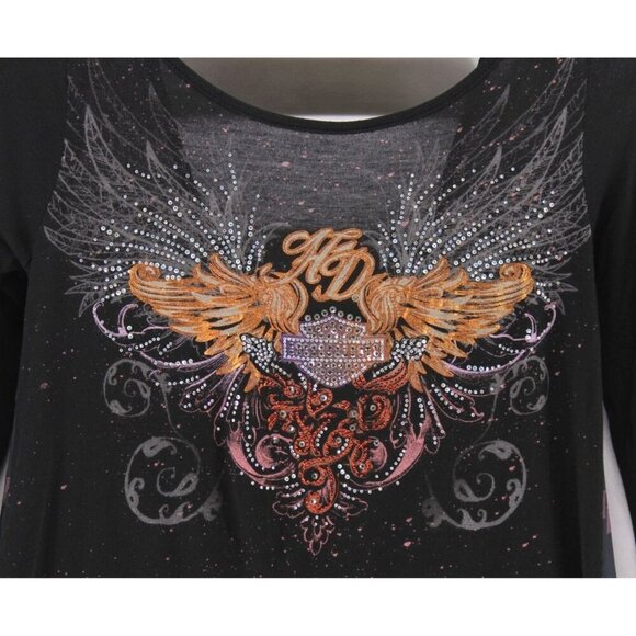 Harley-Davidson Women's Vinyl Wings Embellished Sheer Back Long Sleeve Top Sz S - Picture 5 of 10